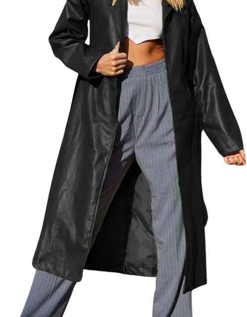 Women's Casual Lapel Open Front Pu Faux Leather Long Trench Coat with Belt