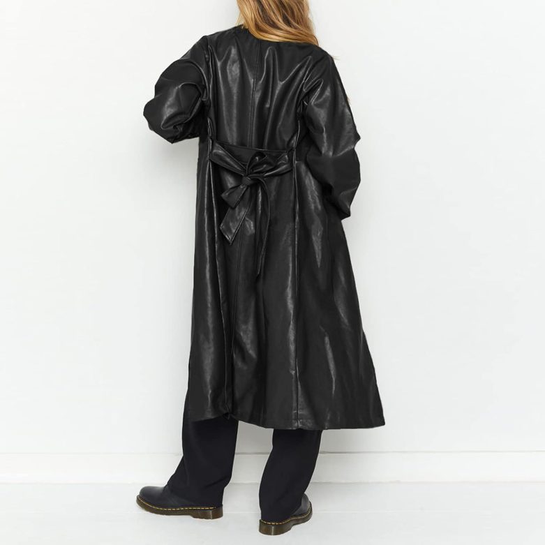Women's Casual Lapel Open Front Pu Faux Leather Long Trench Coat with Belt - Image 5