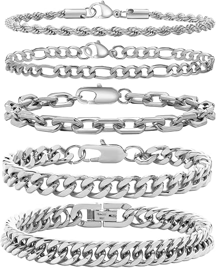 VNOX 5/7 Pcs Chain Bracelet for Men Women - Sturdy Stainless Steel Curb Width Cuban Link Chain Bracelet Set for Men Women,6.5/7/7.4/8.2/9 Inches
